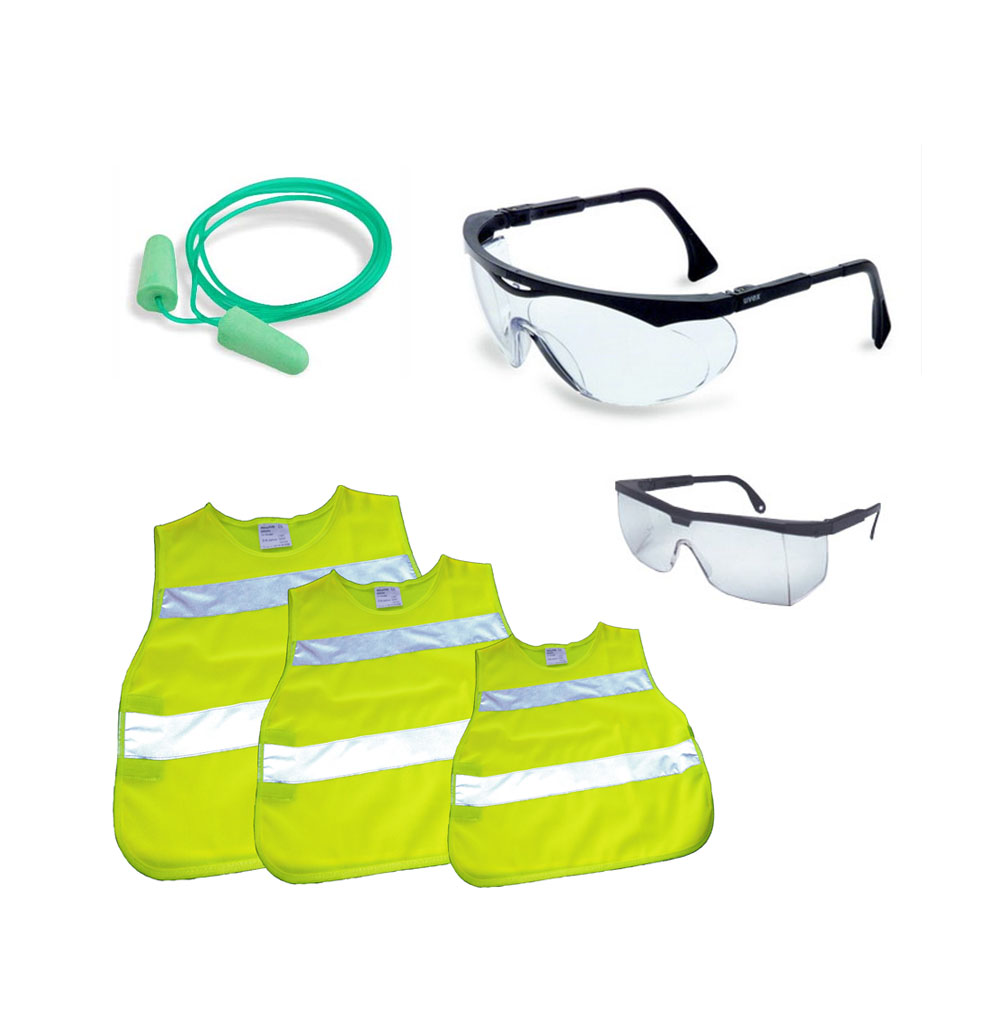 Antiparras, anteojos, poncho fluo c/ cinta reflectiva, protector c/ cordel